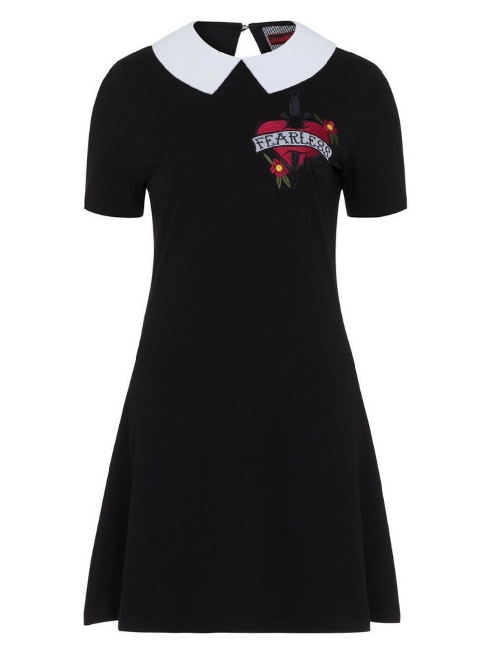 Black Short-Sleeve Dress with White Peter Pan Collar and 'Fearless' Embroidery